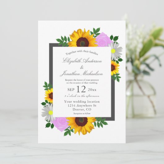 Zonnebloem Roos Daisy Floral Wedding Kaart (Staand voorkant)