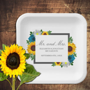 Zonnebloem Roos Daisy Floral Wedding Papieren Bordje