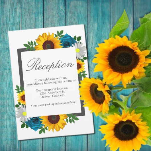 Zonnebloem Roos Daisy Floral Wedding Reception Informatiekaartje