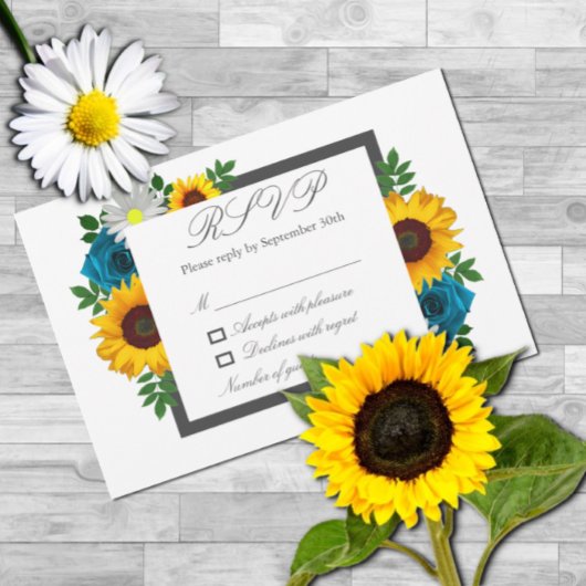 Zonnebloem Roos Daisy Floral Wedding RSVP Kaartje