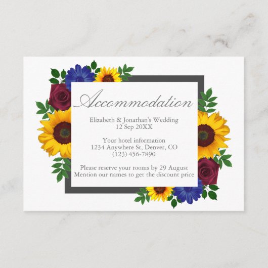 Zonnebloem Roos Floral Wedding Accommodatie Kaart (Voorkant)