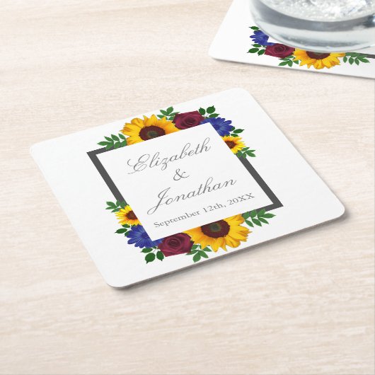 Zonnebloem Roos Floral Wedding Kartonnen Onderzetters (Schuin)