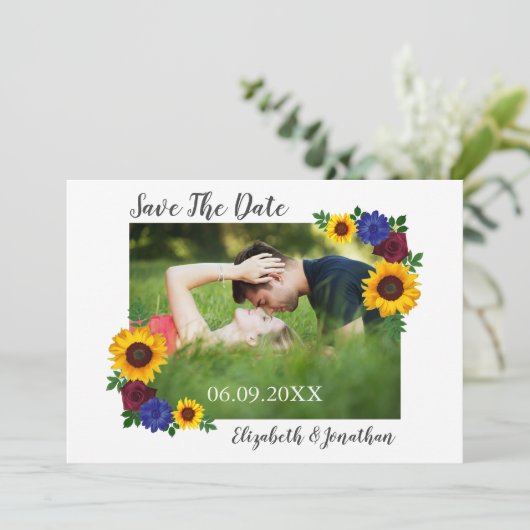 Zonnebloem Roos Floral Wedding Save The Date (Staand voorkant)