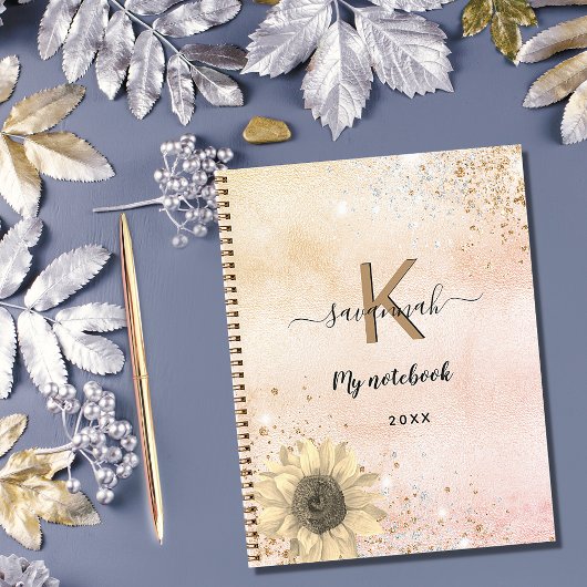 Zonnebloem roos goudglitter monogram notitieboek