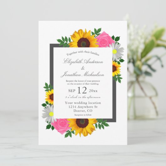 Zonnebloem Roos Madelief Bloemige Bruiloft Kaart (Staand voorkant)