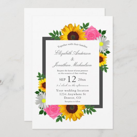 Zonnebloem Roos Madelief Bloemige Bruiloft Kaart (Voorkant / Achterkant)