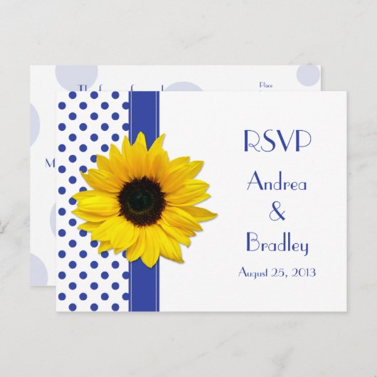 Zonnebloem Royal Blauw Wit Polka Dot Bruiloft RSVP Uitnodiging Briefkaart (Voorkant / Achterkant)