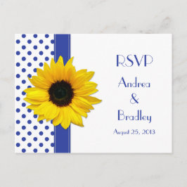 Zonnebloem Royal Blauw Wit Polka Dot Bruiloft RSVP Uitnodiging Briefkaart