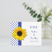Zonnebloem Royal Blauw Wit Polka Dot Bruiloft RSVP Uitnodiging Briefkaart (Staand voorkant)