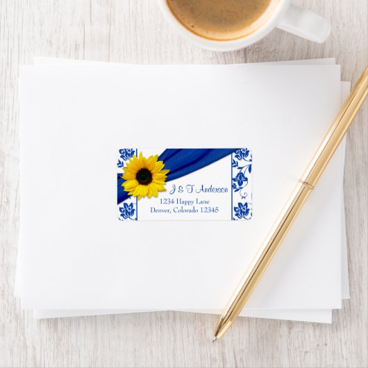 Zonnebloem Royal Blue Damast Trouw Retouradres Etiket (Insitu)