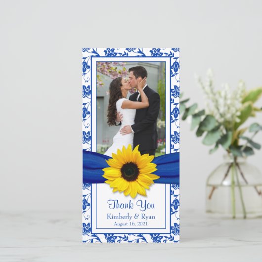 Zonnebloem Royal Blue Floral bruiloft dank u Bedankkaart (Staand voorkant)