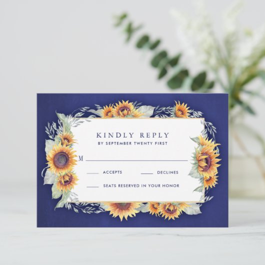 Zonnebloem Royal Blue rustieke bruiloft RSVP Kaart (Staand voorkant)