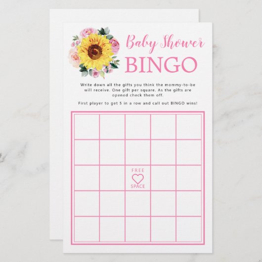 Zonnebloem Roze Baby shower Bingo Game (Voorkant / Achterkant)
