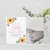 Zonnebloem Roze Bloemen 1e Verjaardag Fotofeestje Kaart (Staand voorkant)