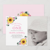 Zonnebloem Roze Bloemen 1e Verjaardag Fotofeestje Kaart (Voorkant / Achterkant)