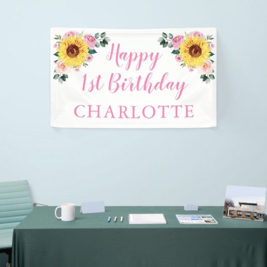 Zonnebloem Roze Bloemen Gepersonaliseerde 1e Verja Spandoek (Beurs)