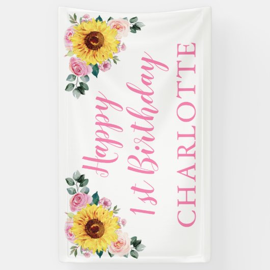 Zonnebloem Roze Bloemen Gepersonaliseerde 1e Verja Spandoek (Verticaal)