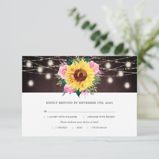 Zonnebloem Roze Bloemenpot Lichten Hout Trouwmaalt RSVP Kaartje (Staand voorkant)