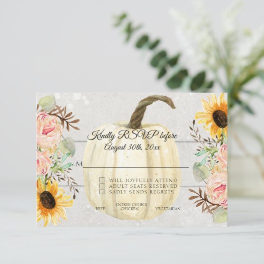 Zonnebloem Roze Bloemige Rustieke Pompoen Houten R Kaart (Staand voorkant)