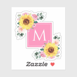 Zonnebloem Roze botanische Waterverf, monogrammen Sticker