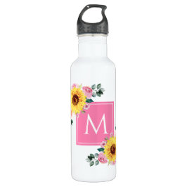 Zonnebloem Roze botanische Waterverf, monogrammen Waterfles