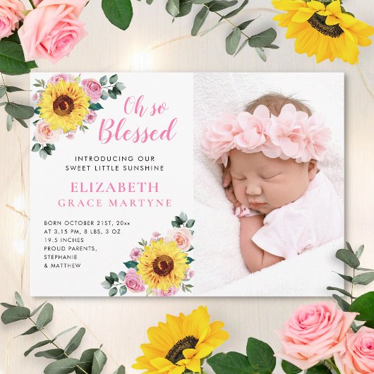 Zonnebloem Roze Floral Baby Girl Birth Aankondiging