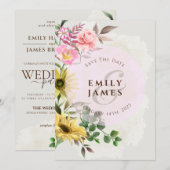 Zonnebloem Roze Floral Spring Wedding Kaart (Voorkant / Achterkant)
