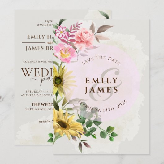 Zonnebloem Roze Floral Spring Wedding Kaart (Voorkant / Achterkant)