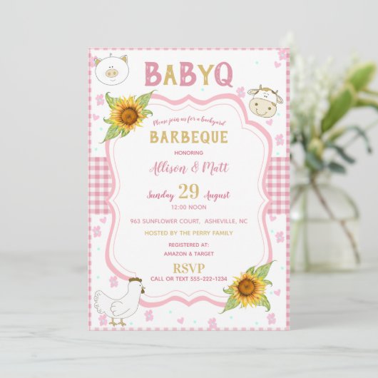 Zonnebloem Roze Gingham Baby Q Barbecue Uitnodigin Kaart (Staand voorkant)