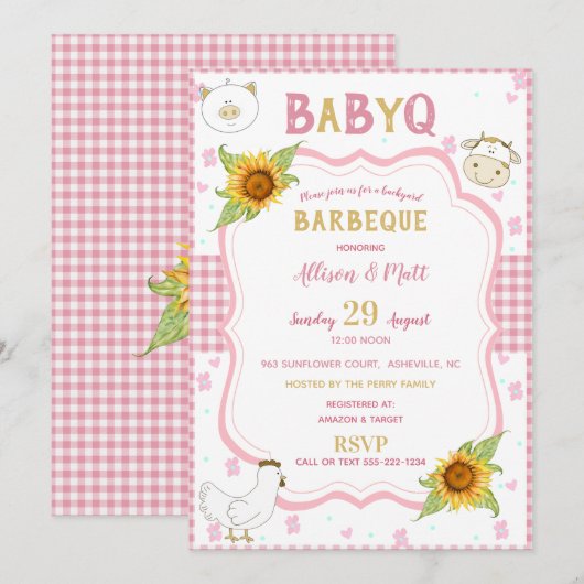 Zonnebloem Roze Gingham Baby Q Barbecue Uitnodigin Kaart (Voorkant / Achterkant)