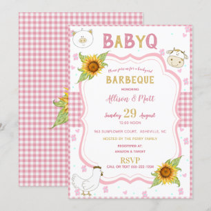Zonnebloem Roze Gingham Baby Q Barbecue Uitnodigin Kaart