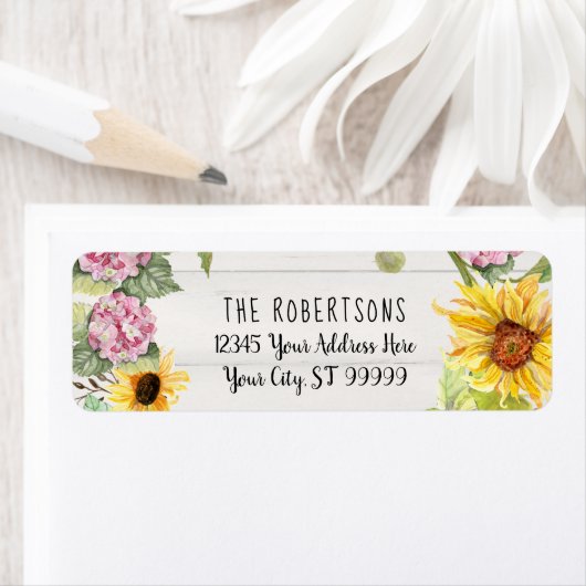 Zonnebloem Roze Hydrangea Floral | Retouradres Etiket (Insitu)