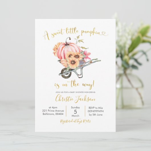 Zonnebloem Roze pompoen Baby shower Uitnodiging (Staand voorkant)