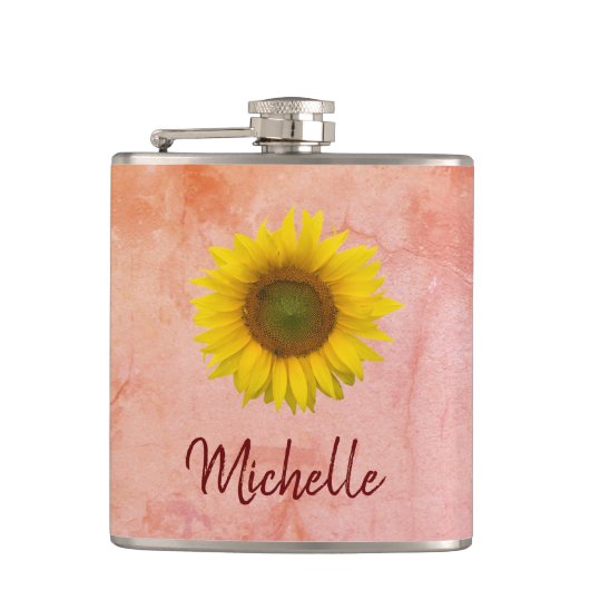 Zonnebloem Roze, rode roodroze maatkolf voor typog Heupfles (Voorkant)