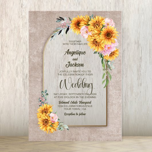 Zonnebloem Roze Roos Bloemen Boog Huwelijksuitnodi Acryl Uitnodigingen