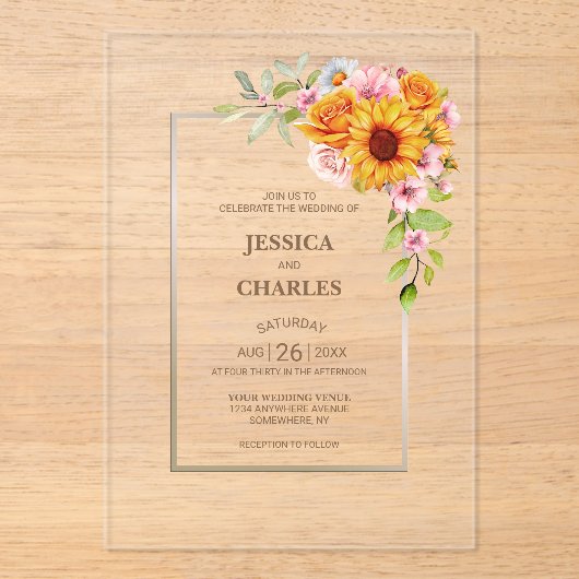 Zonnebloem Roze Roos Bloemen Huwelijk Acryl Uitnodigingen (Voorkant)