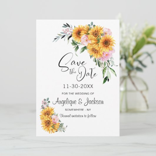 Zonnebloem Roze Roos Trouwen Save The Date (Staand voorkant)