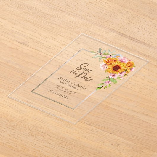 Zonnebloem Roze Rose Bloemen Huwelijk Save the Dat Acryl Uitnodigingen (Laagn)