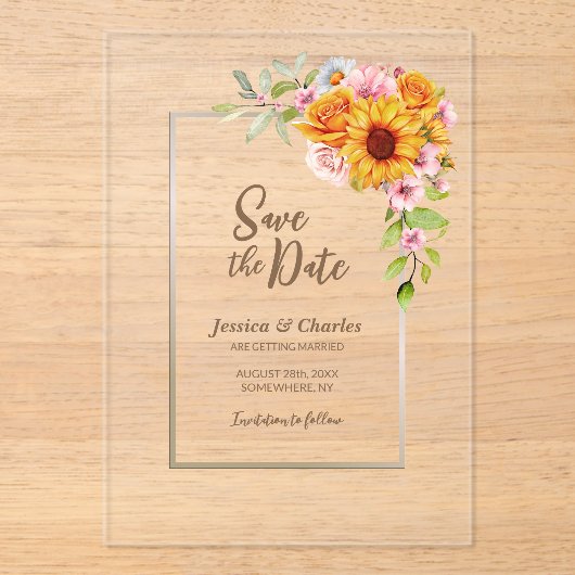 Zonnebloem Roze Rose Bloemen Huwelijk Save the Dat Acryl Uitnodigingen (Voorkant)