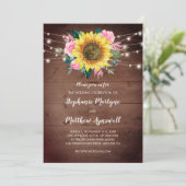 Zonnebloem Roze Rose Bloemen Lichten Hout Wedding Kaart (Staand voorkant)