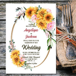 Zonnebloem Roze Rose Bloemen Ovaal Bruiloft Kaart