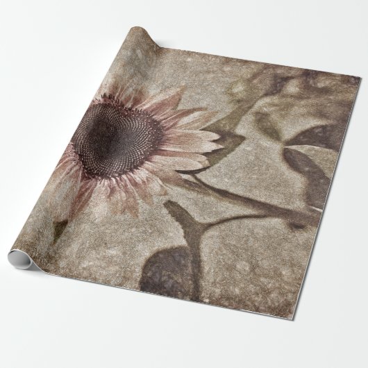  zonnebloem Roze Sepia Brown Rustic Textuur Cadeaupapier (Uitgerold)