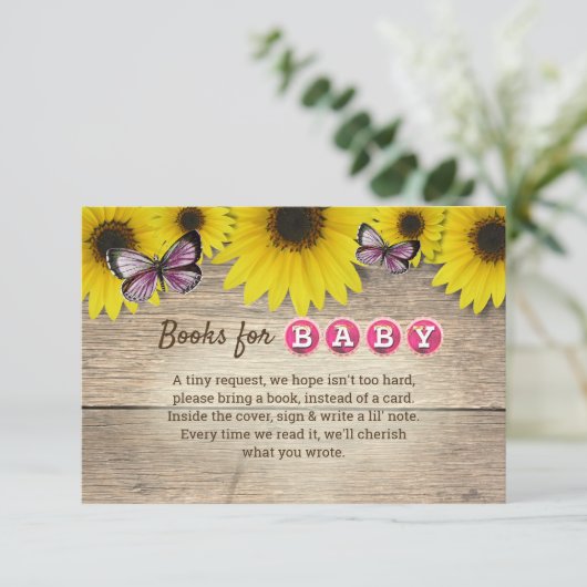 Zonnebloem Roze Vlinder Baby shower Boekaanvraag Informatiekaartje (Staand voorkant)