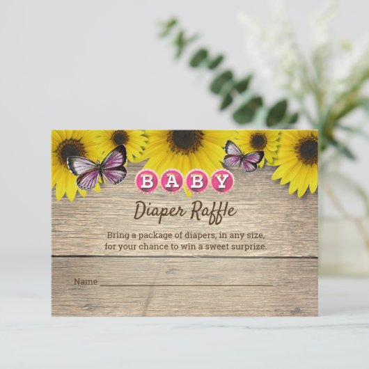 Zonnebloem Roze Vlinder Baby shower Luier Raffle Informatiekaartje (Staand voorkant)
