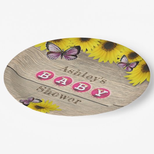 Zonnebloem roze vlinders Baby shower Papieren Bordje (Gekanteld)