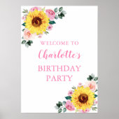 Zonnebloem Roze Waterverf Floral Birthday Party Poster (Voorkant)