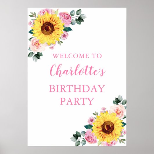 Zonnebloem Roze Waterverf Floral Birthday Party Poster (Voorkant)