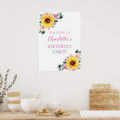 Zonnebloem Roze Waterverf Floral Birthday Party Poster (Keuken)