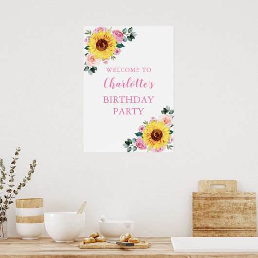 Zonnebloem Roze Waterverf Floral Birthday Party Poster (Keuken)