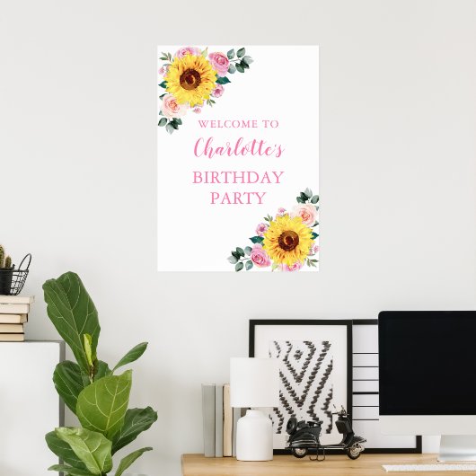 Zonnebloem Roze Waterverf Floral Birthday Party Poster (Thuiskantoor)